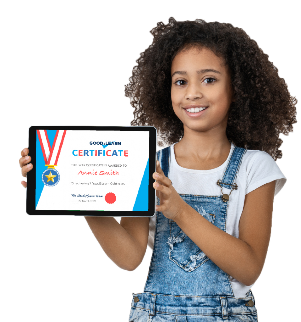 girl with brown hair holding up a tablet showing a certificate of achievement